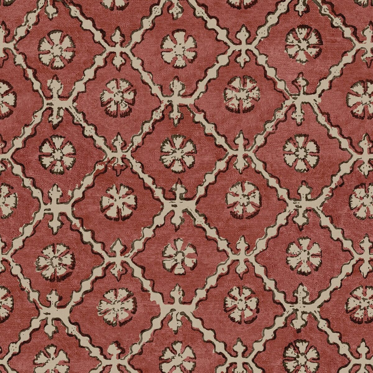 Khiva Fabric – Rose by red geometric linen fabric from Linwood Fabrics