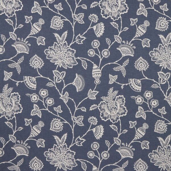 Litha Fabric - Midnight by blue botanical embroideried fabric from iLiv