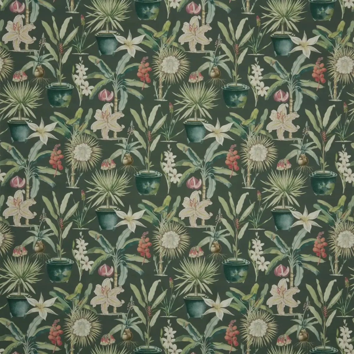 Atrium Fabric - Pine by green botanical cotton fabric from iLiv