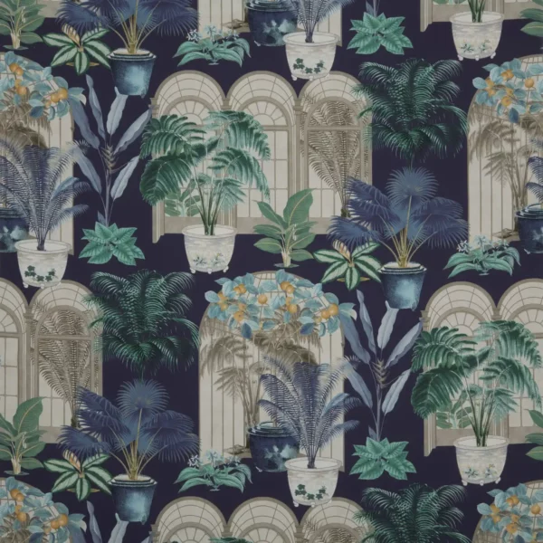 Victorian Glasshouse Fabric - Moonlight by blue botanical cotton fabric from iLiv