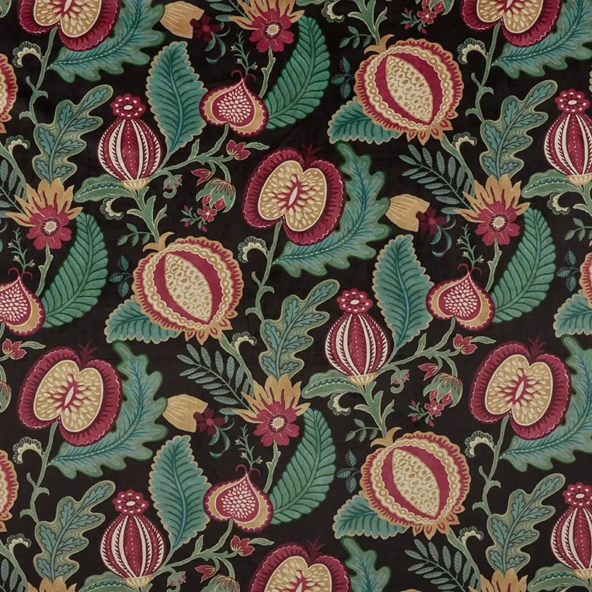 Cantaloupe Fabric - Ebony by black-grey botanical velvet-chenille fabric from iLiv