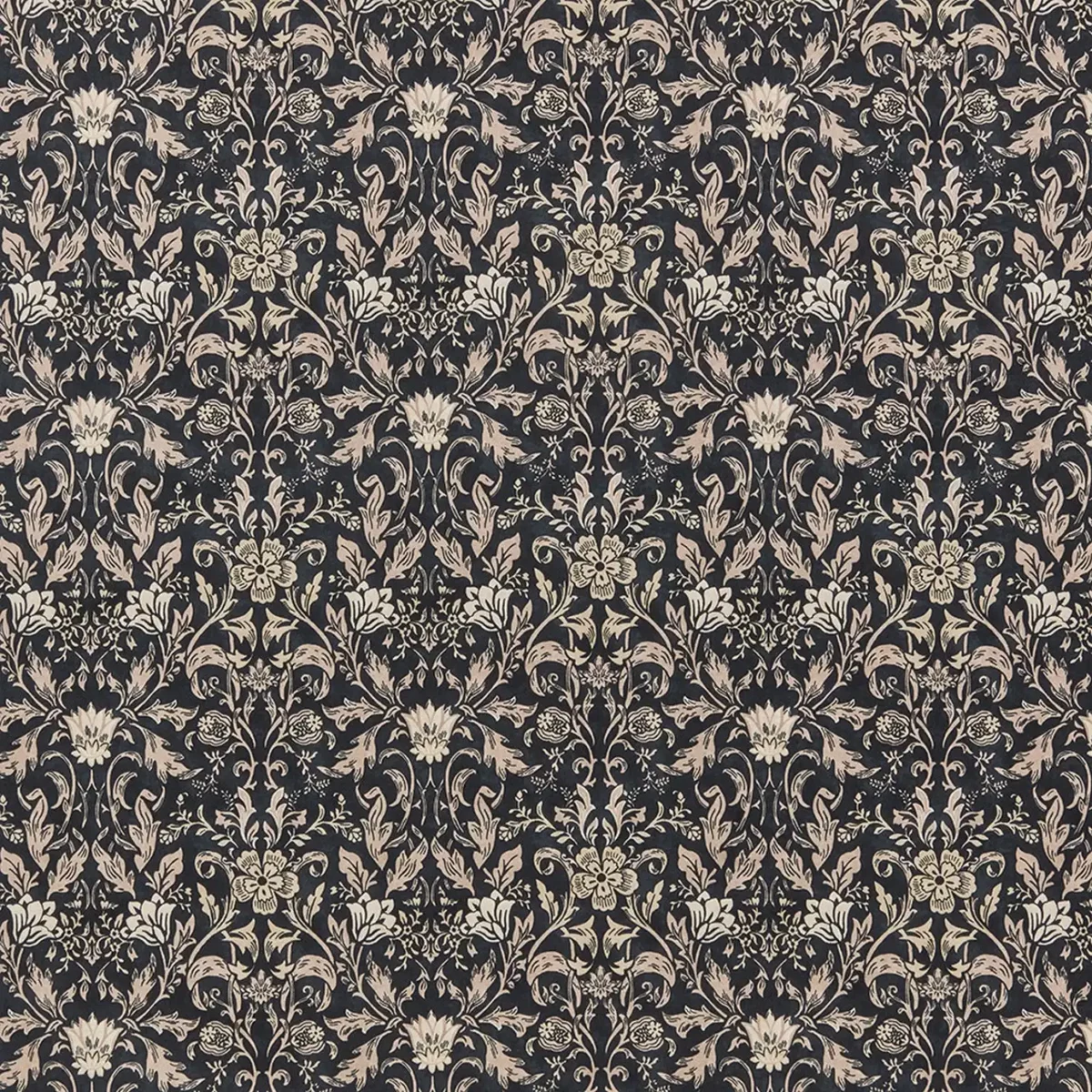 Rococo Fabric - Ebony by black-grey botanical cotton fabric from iLiv
