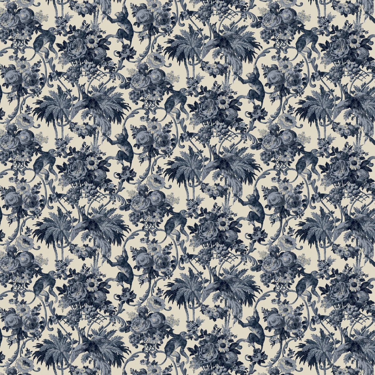 Monkey Puzzle Wallpaper - Indigo by blue animal wallpaper from linwood fabrics