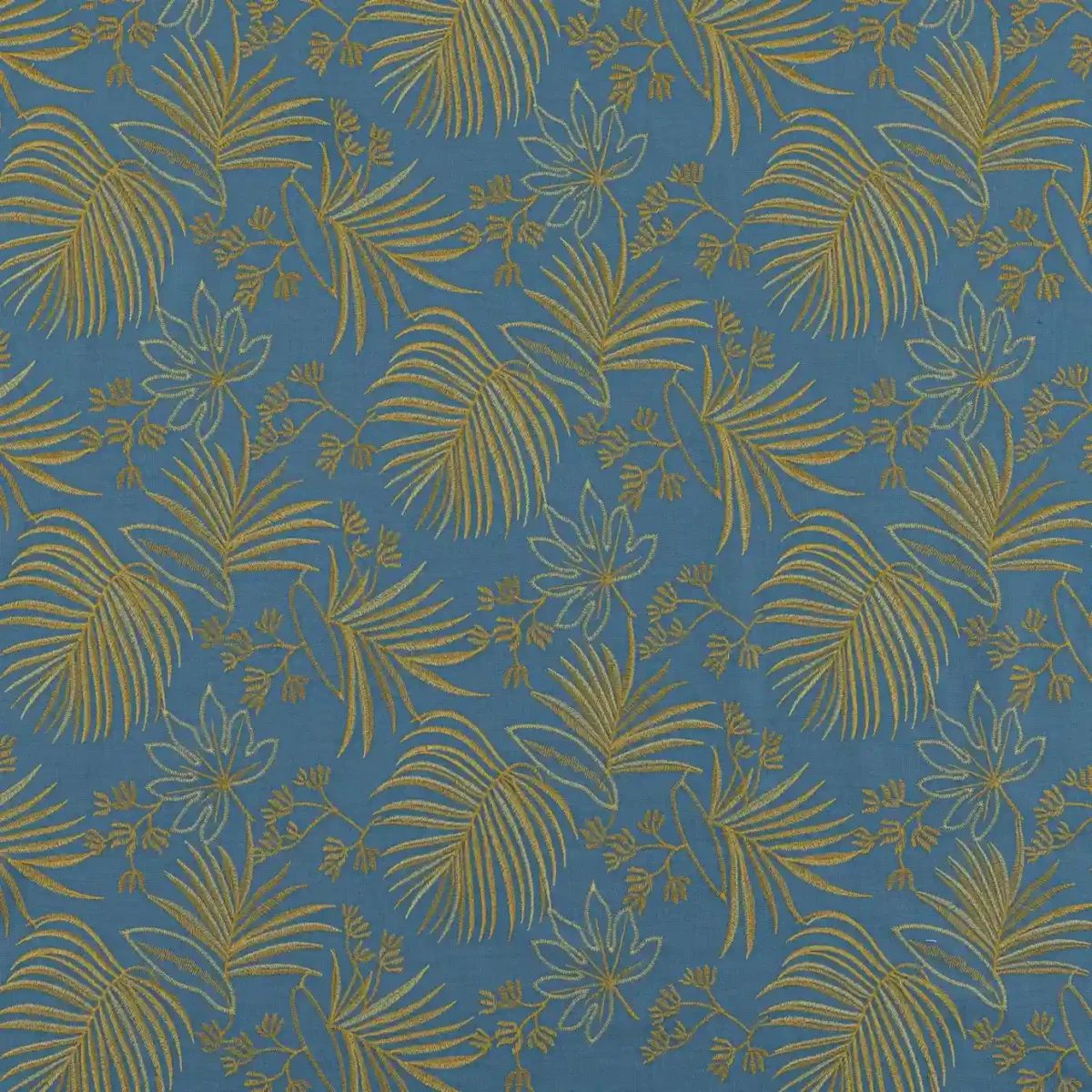 Bengkulu Fabric - Mustard by blue botanical cotton fabric from Beaumont Textiles