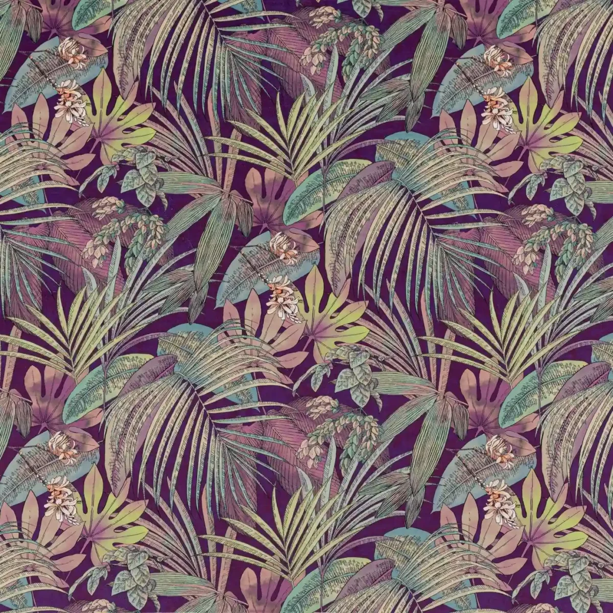 Hutan Palm Fabric - Plum by multicolour botanical printed fabric from Beaumont Textiles