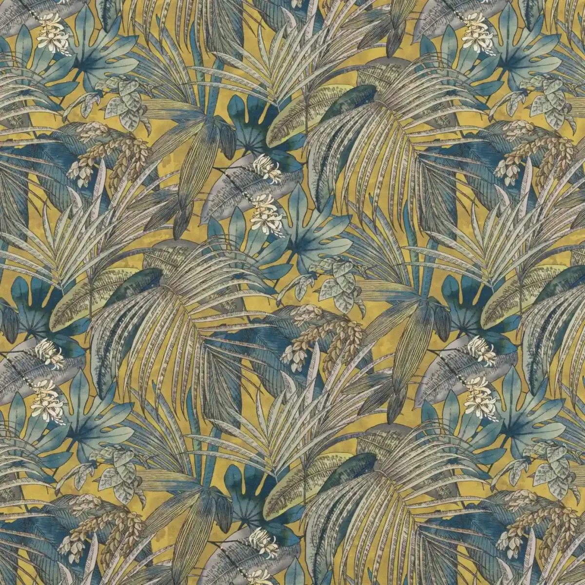 Pandang Palm Fabric - Mustard by blue botanical printed fabric from Beaumont Textiles