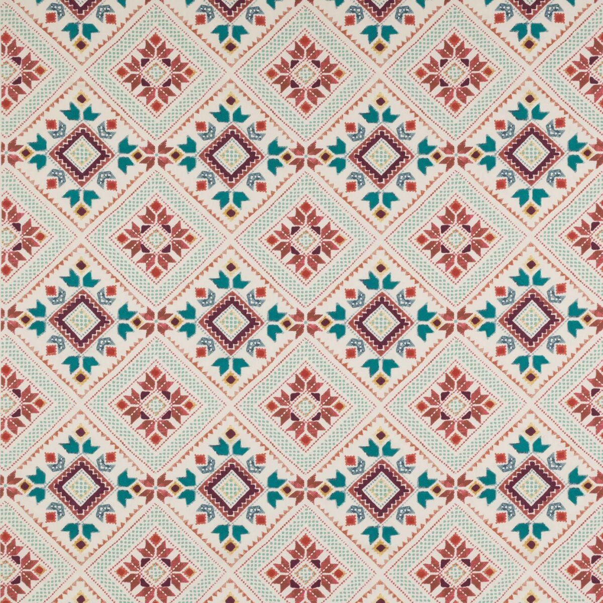 Minerva Fabric - Red / Teal by blue geometric embroideried fabric from Jane Churchill