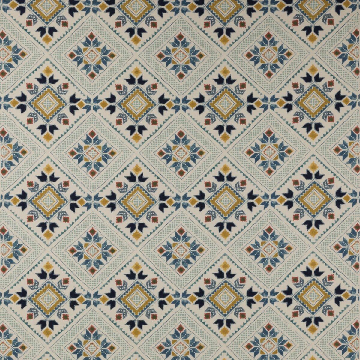 blue geometric embroideried fabric from Jane Churchill