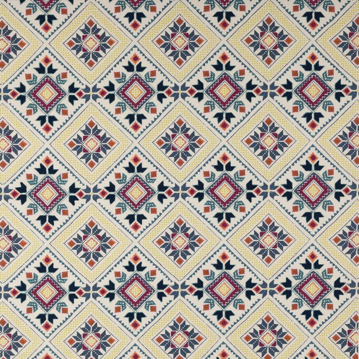 multicolour geometric embroideried fabric from Jane Churchill