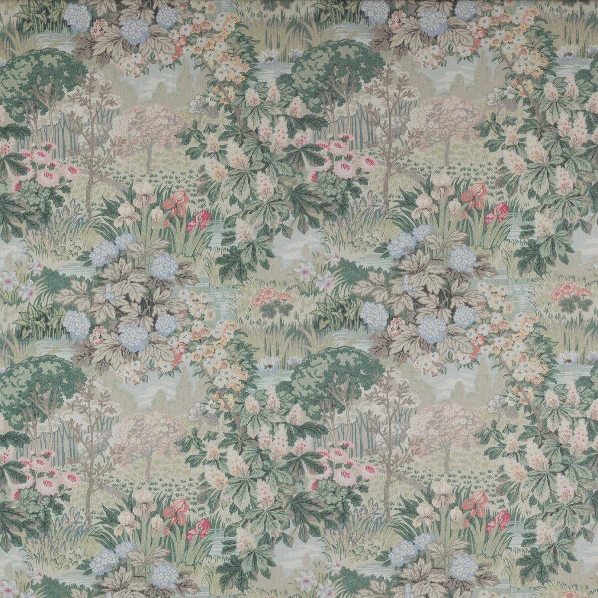 Greenway Fabric - Soft Green / Pink by green botanical cotton fabric from Jane Churchill