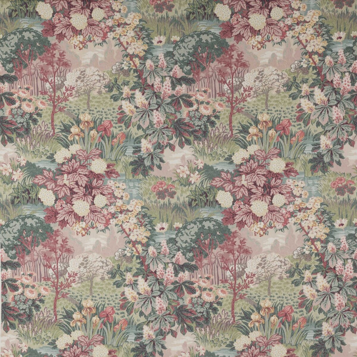 Greenway Fabric - Red / Green by green botanical cotton fabric from Jane Churchill