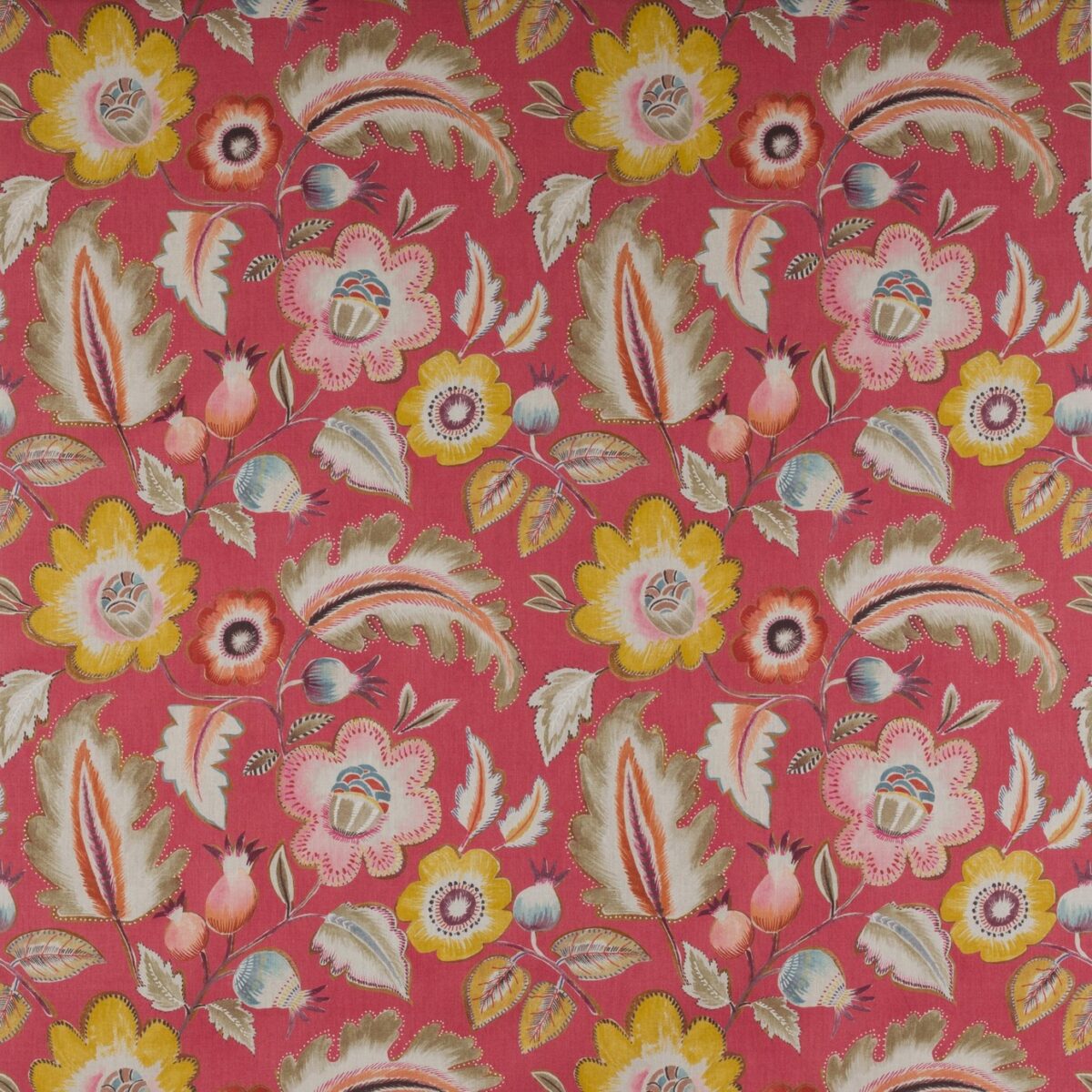 Piper Fabric - Red by multicolour botanical cotton fabric from Jane Churchill