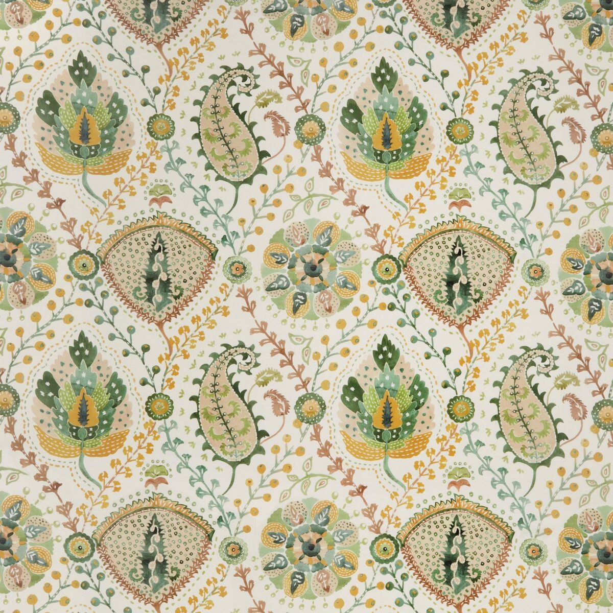 Majorelle Fabric - Aqua / Ochre by green botanical linen fabric from Nina Campbell