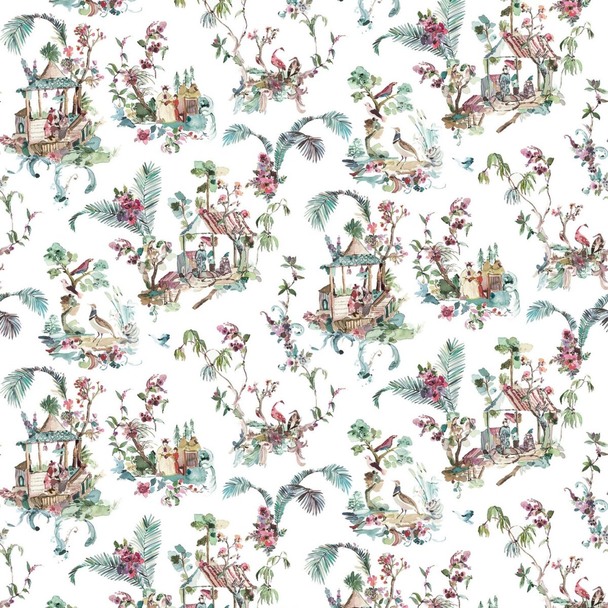 Toile Chinoise Fabric - Teal by green botanical linen fabric from Nina Campbell