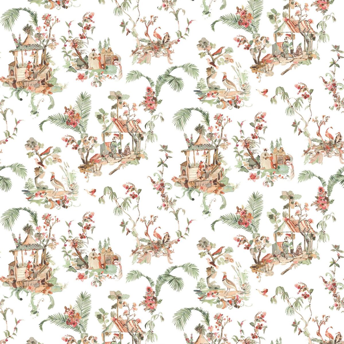 Toile Chinoise Fabric - Coral / Green by orange botanical linen fabric from Nina Campbell