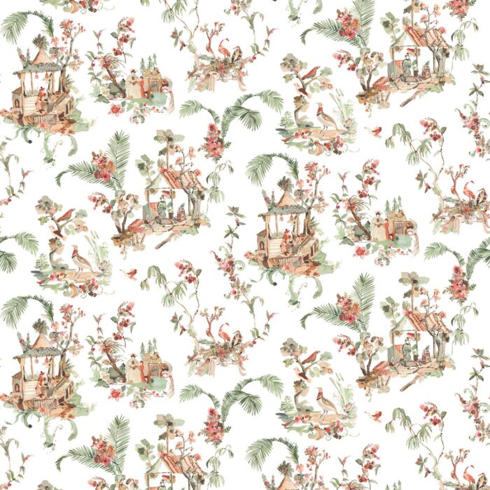 Toile Chinoise Fabric - Coral  / Green – Coral / Green swatch