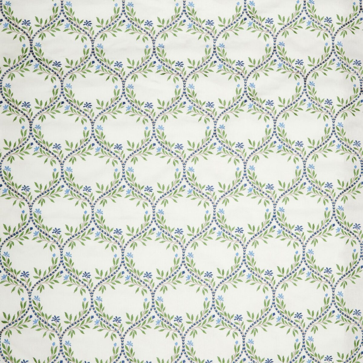 blue botanical embroideried fabric from Nina Campbell