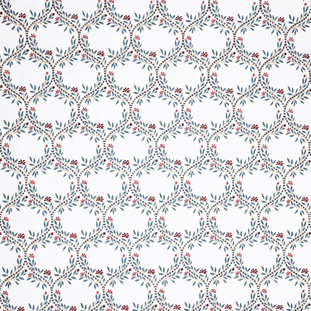 Arber Fabric - Blue / Red by blue botanical embroideried fabric from Nina Campbell