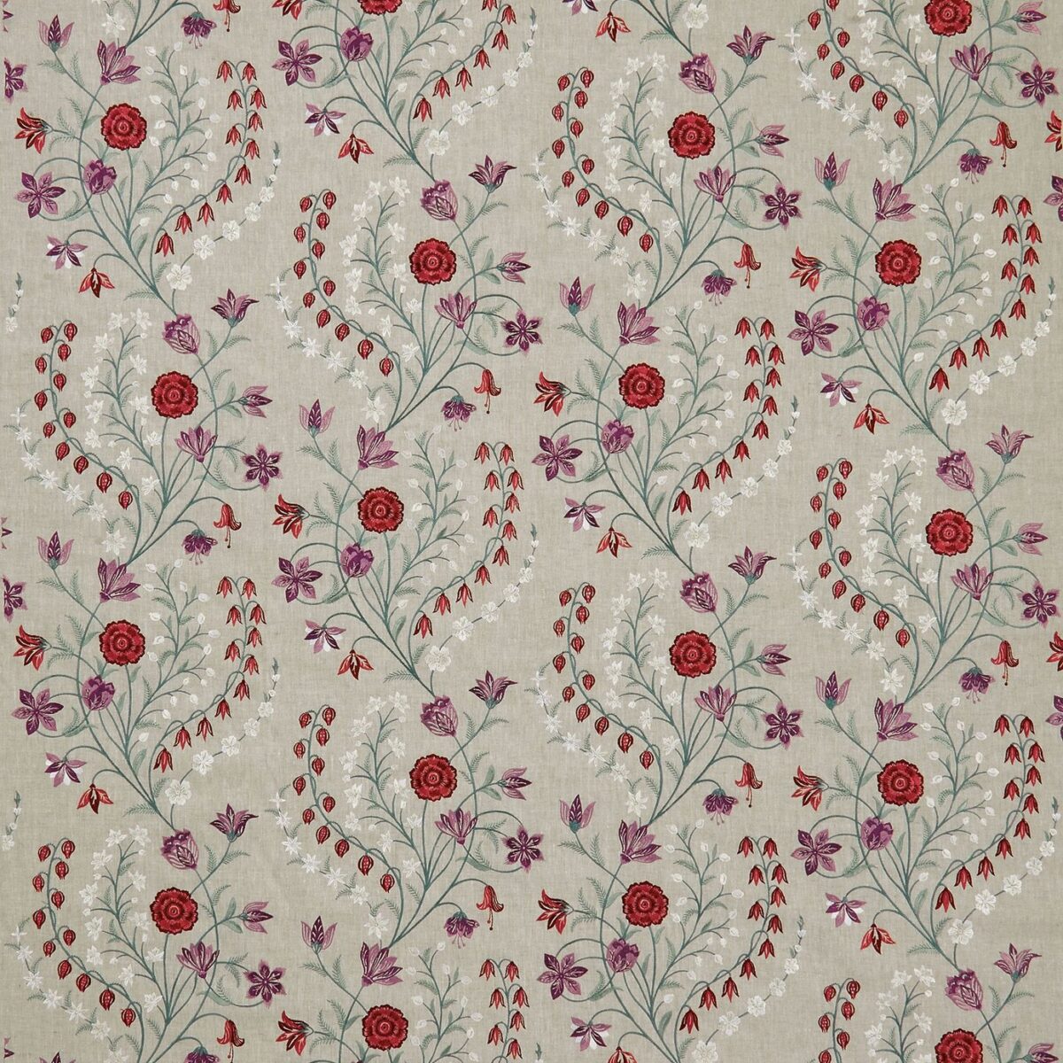 red botanical embroideried fabric from Nina Campbell