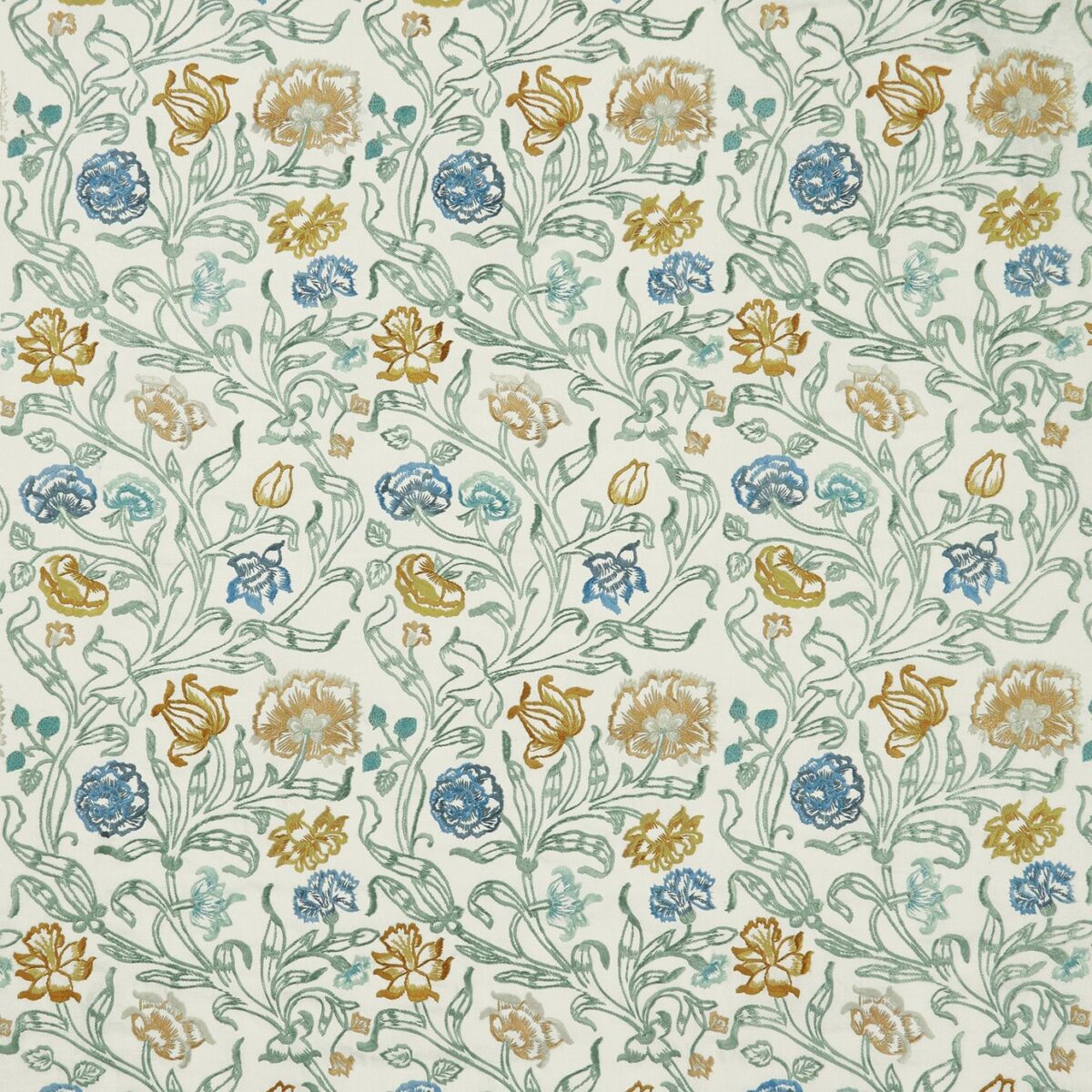 Chabot Fabric - Aqua / Ochre / Blue by blue botanical embroideried fabric from Nina Campbell