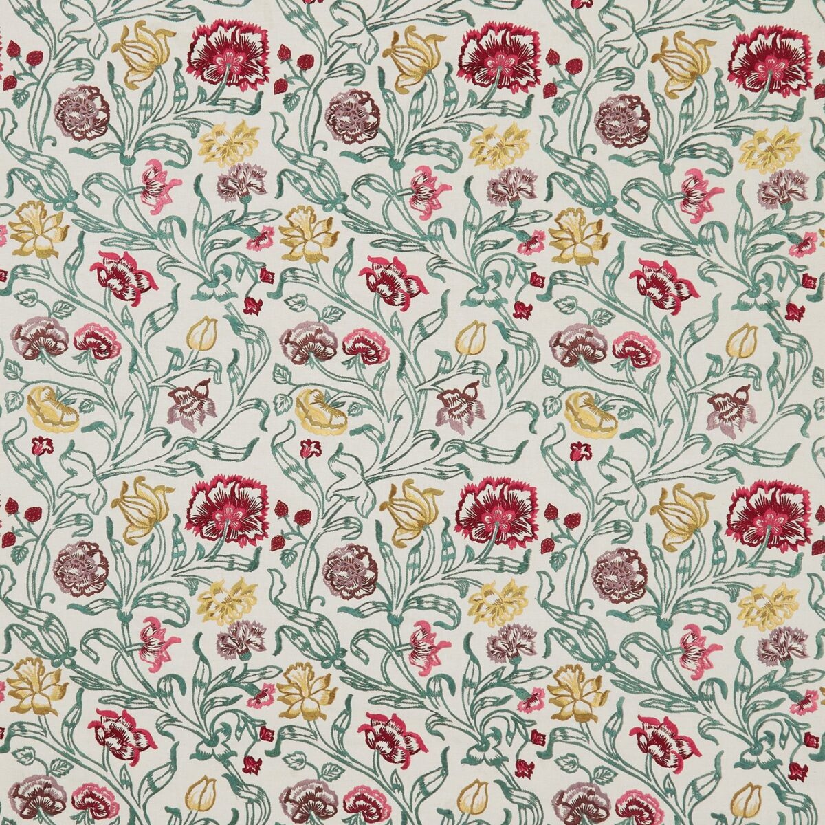 red botanical embroideried fabric from Nina Campbell