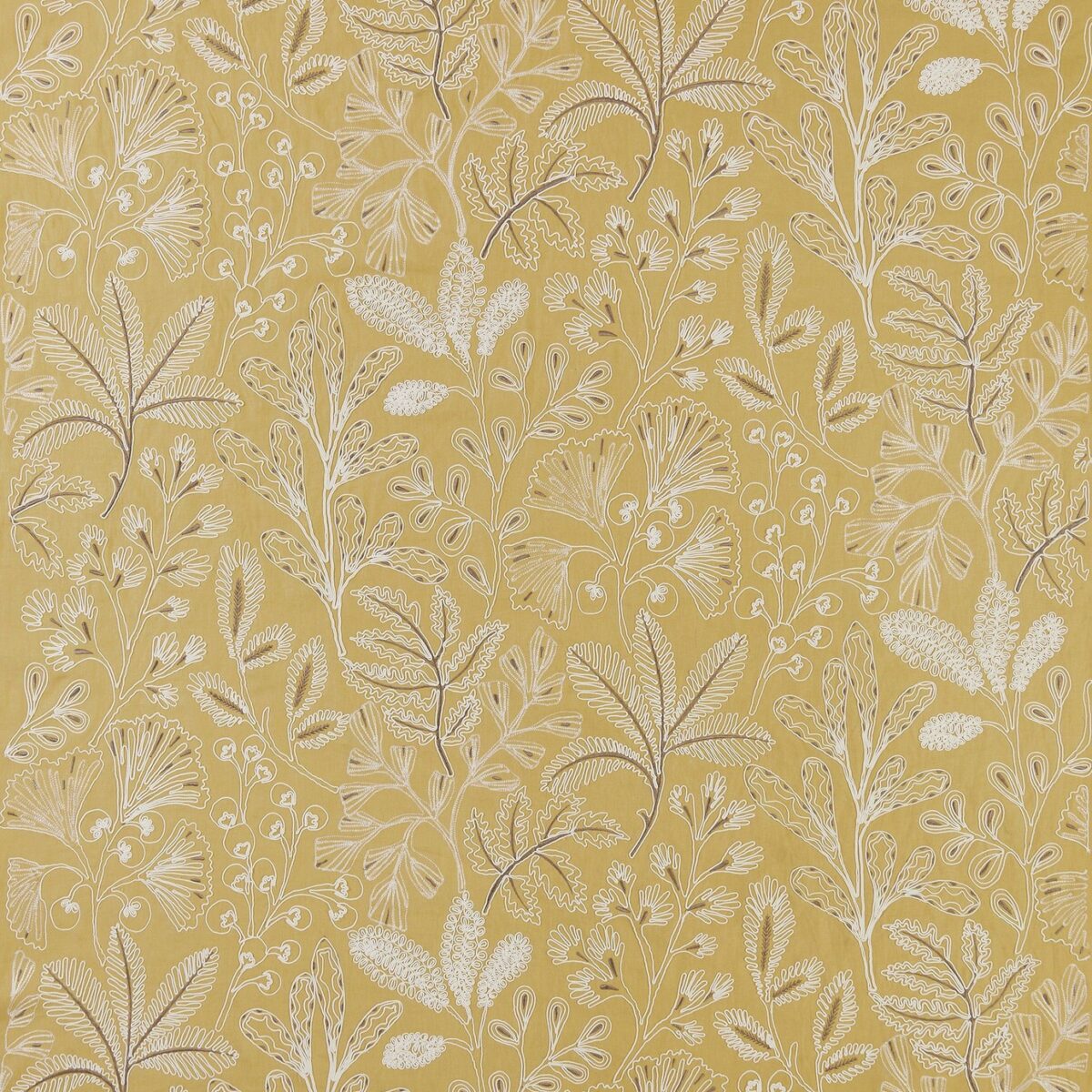 La Deviniere Fabric - Ochre by yellow botanical embroideried fabric from Nina Campbell
