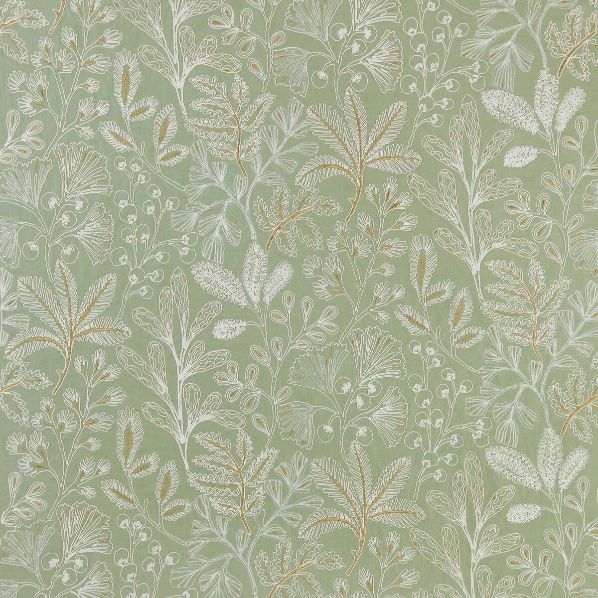 La Deviniere Fabric - Sage by green botanical embroideried fabric from Nina Campbell