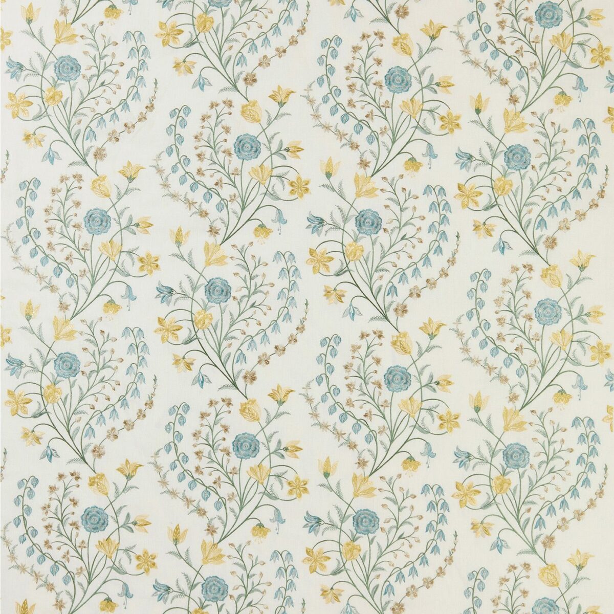 blue botanical embroideried fabric from Nina Campbell