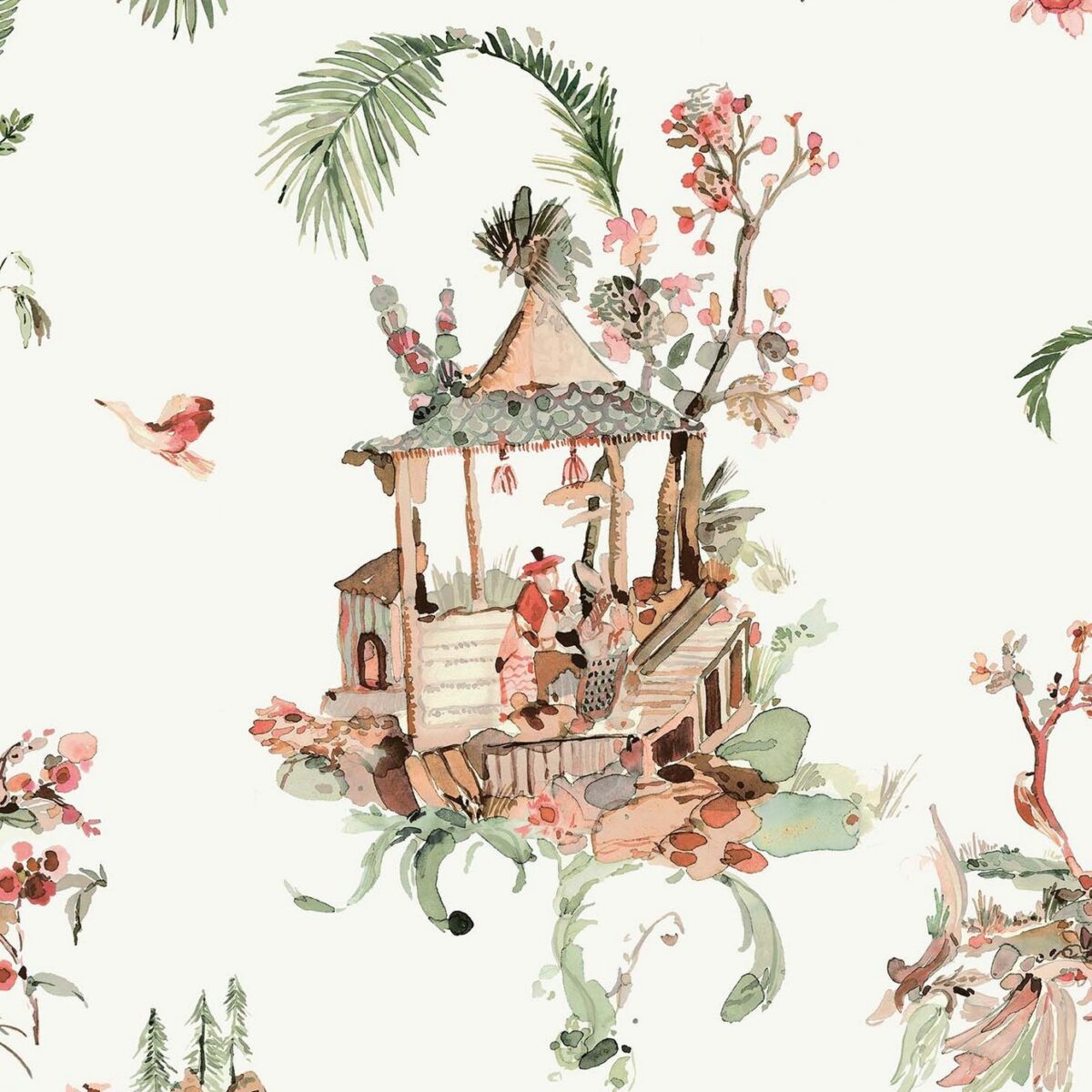 Toile Chinoise Wallpaper - Coral / Green by multicolour misc wallpaper from nina campbell