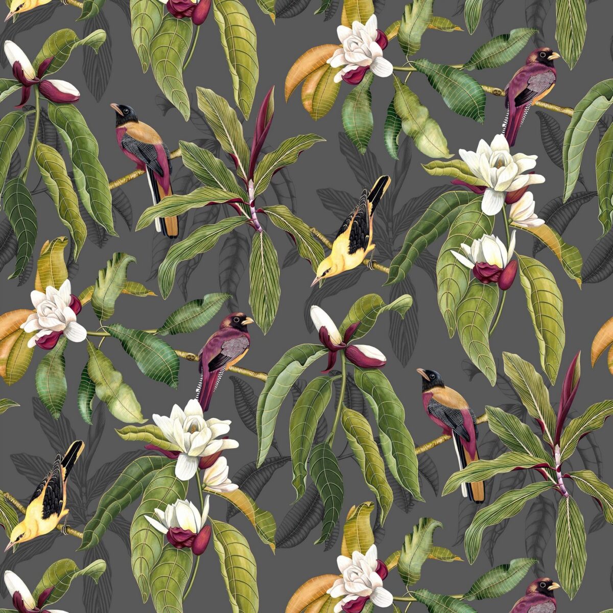 Michelia Wallpaper - Charcoal by black-grey animal wallpaper from osborne & little