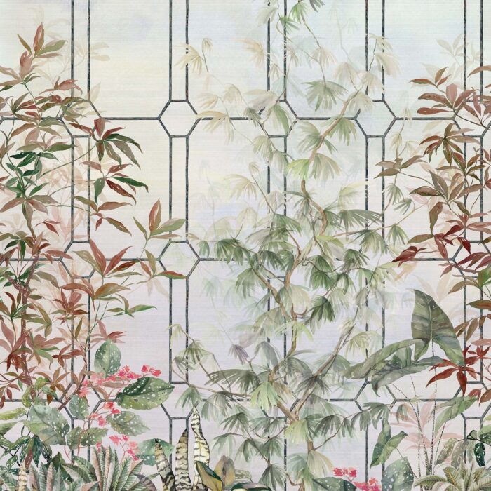 Katsura Wallpaper - Olive /  Coral / Charcoal – Olive / Coral / Charcoal swatch