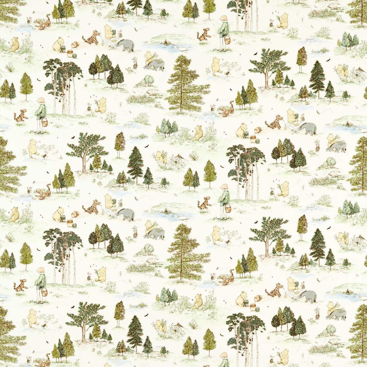 Winnie The Pooh Fabric - Macaron Green by green children's cotton fabric from Disney Home X Sanderson