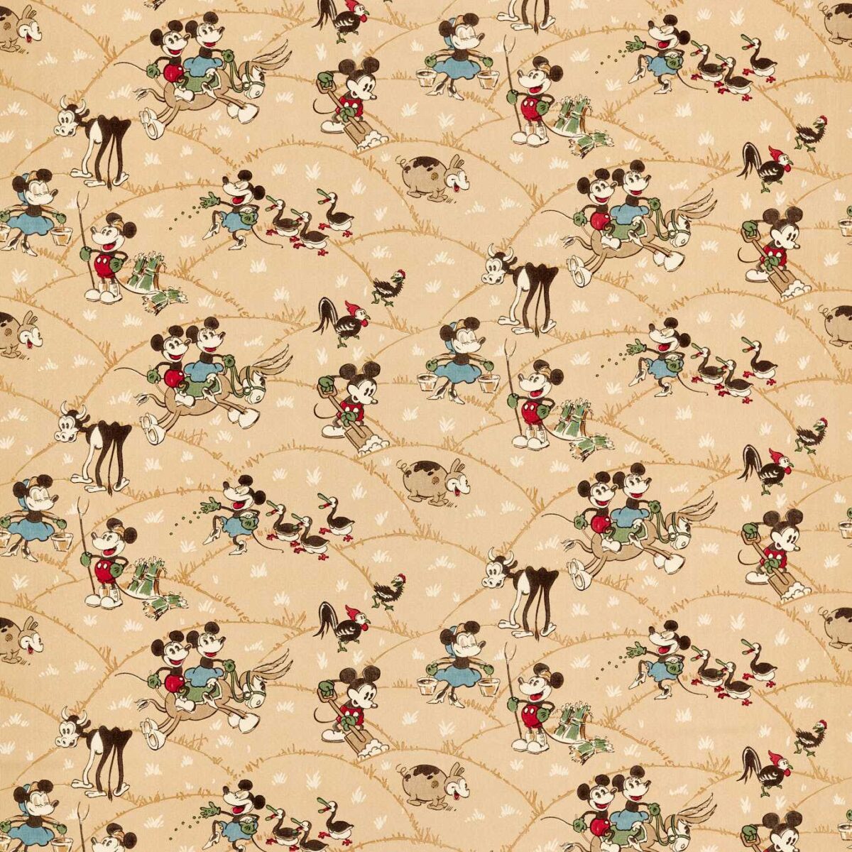 Mickey At The Farm Fabric - Butterscotch by neutral children's cotton fabric from Disney Home X Sanderson