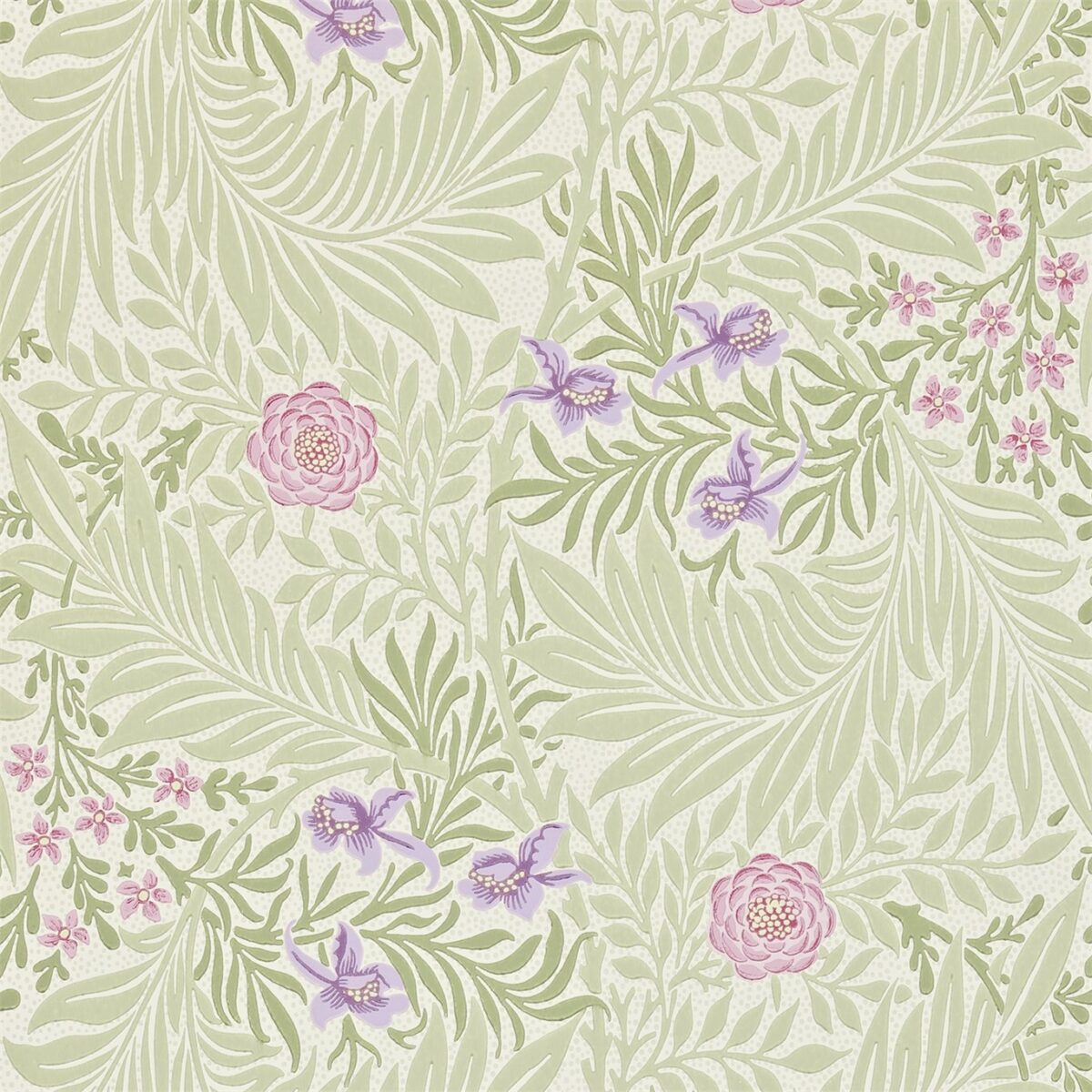 Larkspur Wallpaper - Olive / Lilac by green botanical wallpaper from william morris & co