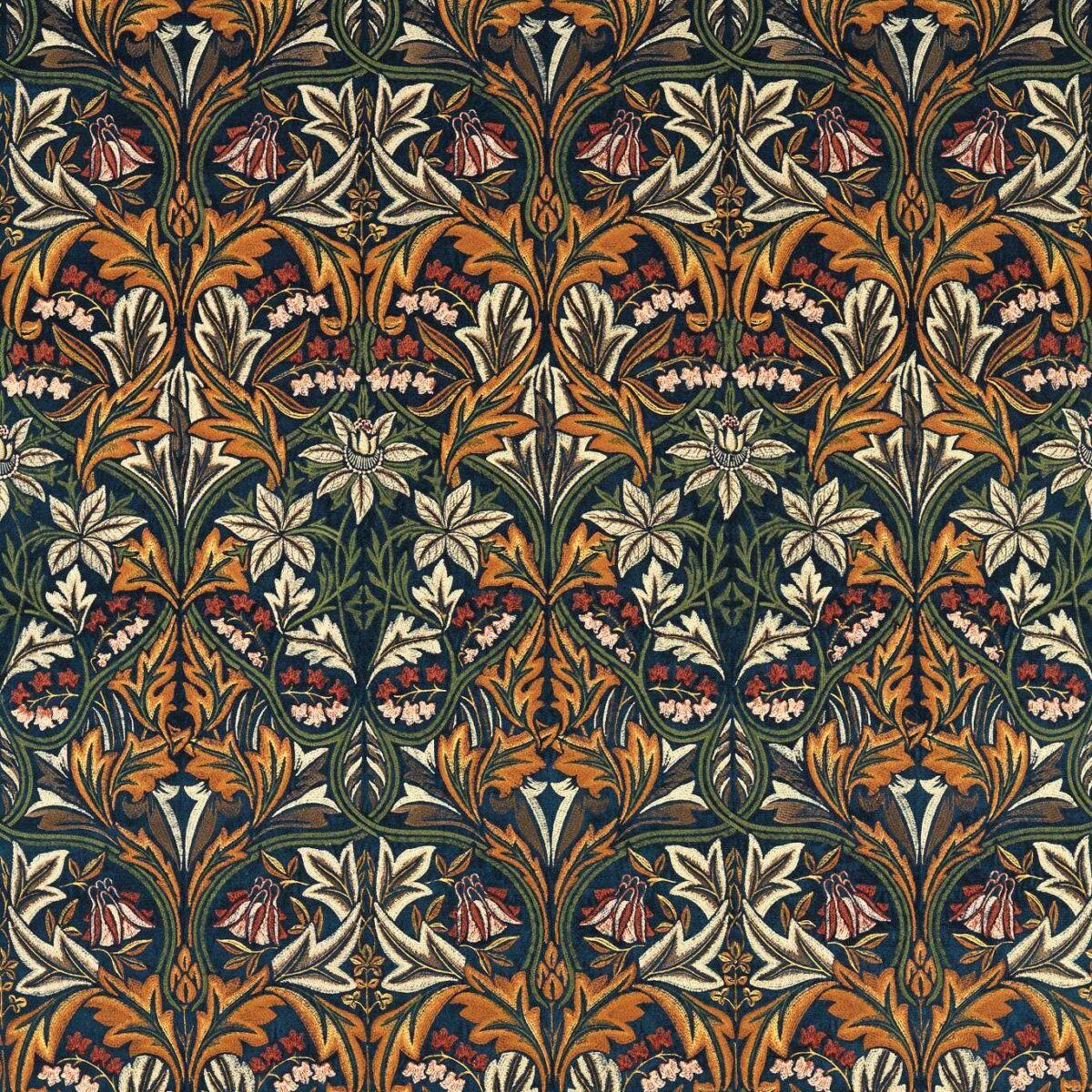 Bluebell Embroidery Fabric - Indigo / Russet by multicolour botanical velvet-chenille fabric from William Morris & Co