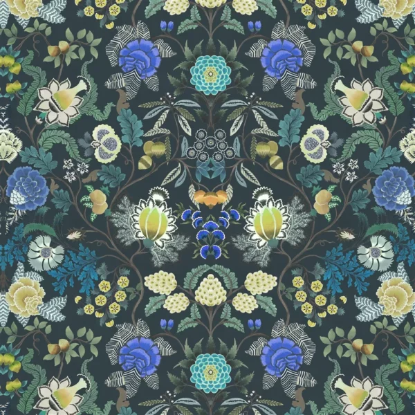 Brocart Decoratif Velours Fabric - Indigo by blue botanical printed fabric from Designers Guild