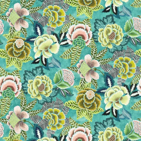 Rose De Damas Fabric - Jade by green botanical cotton fabric from Designers Guild