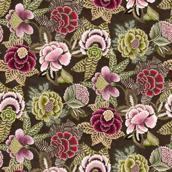 Rose De Damas Velours Fabric - Cranberry by pink botanical printed fabric from Designers Guild