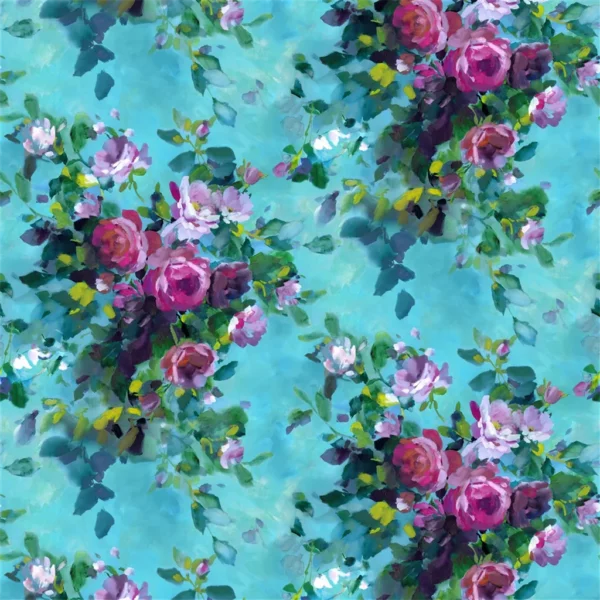 Bouquet De Roses Fabric - Turquoise by blue botanical cotton fabric from Designers Guild