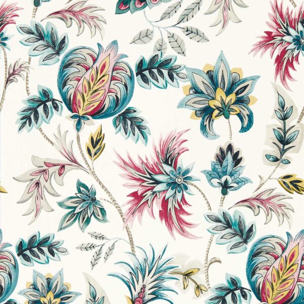 Sizergh Wallpaper - Teal / Berry by blue botanical wallpaper from clarke & clarke