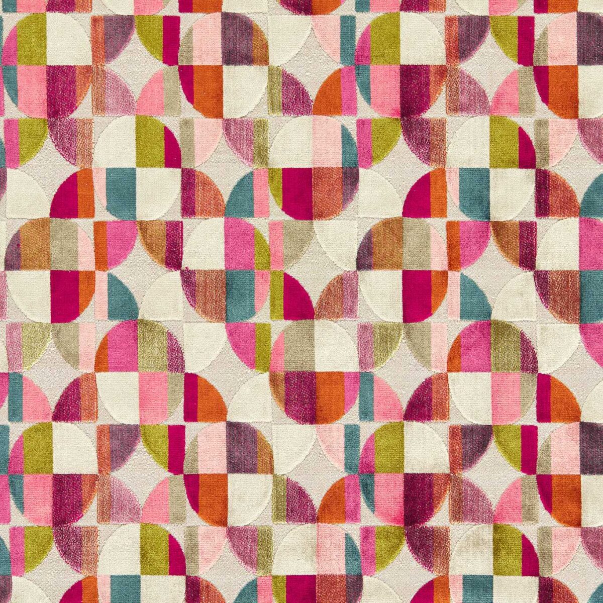 Delaunay Fabric - Magenta / Peacock by red geometric velvet-chenille fabric from Clarke & Clarke