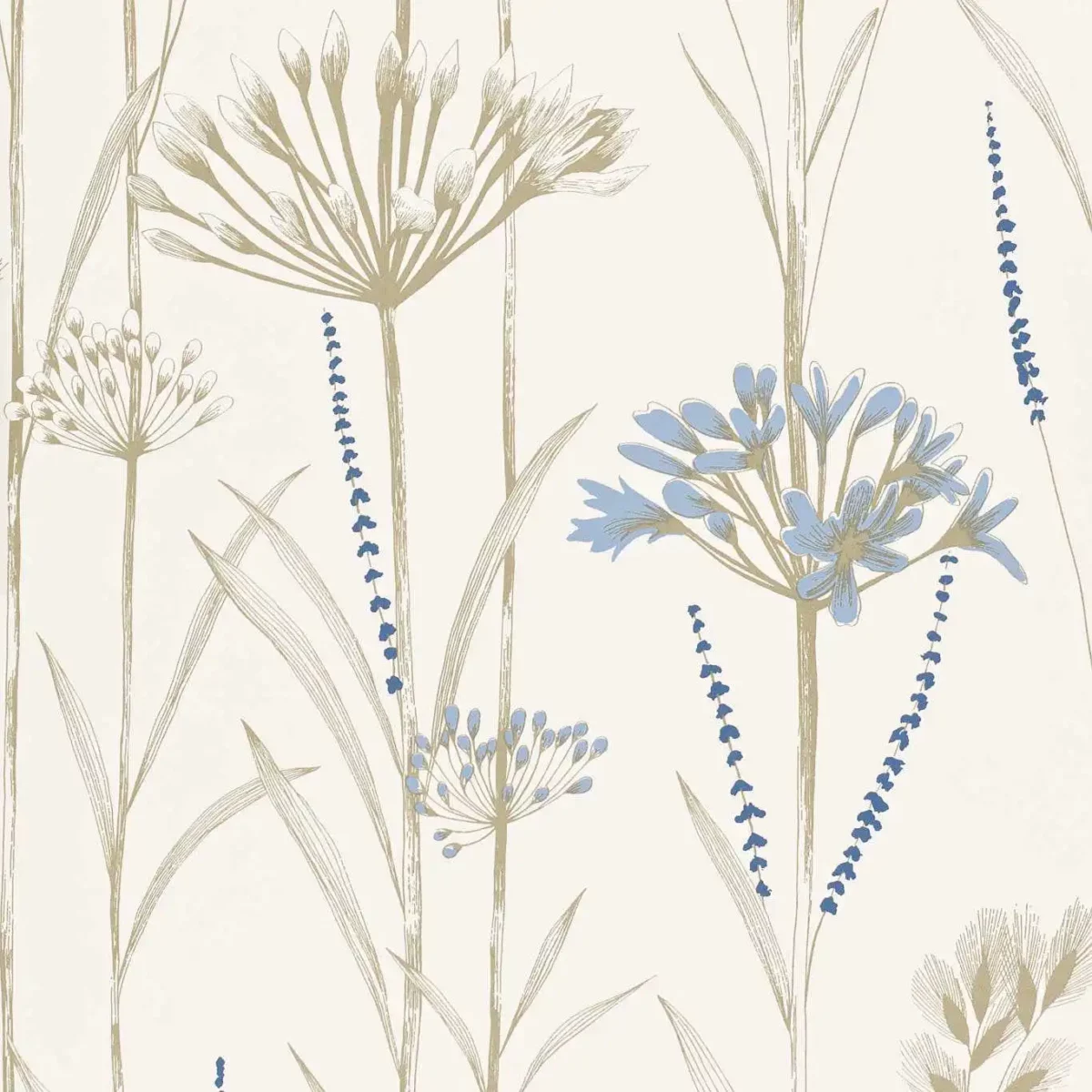 Gardinium Wallcovering - Chalk / Wedgwood / Gold by neutral botanical wallpaper from harlequin