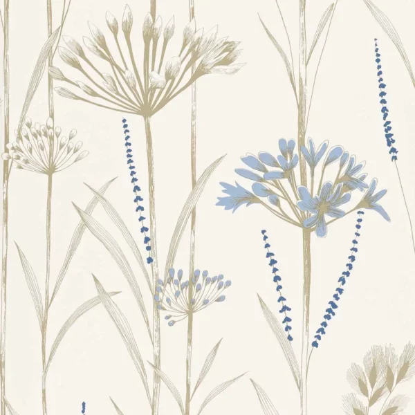 Gardinium Wallcovering - Chalk / Wedgwood / Gold by neutral botanical wallpaper from harlequin
