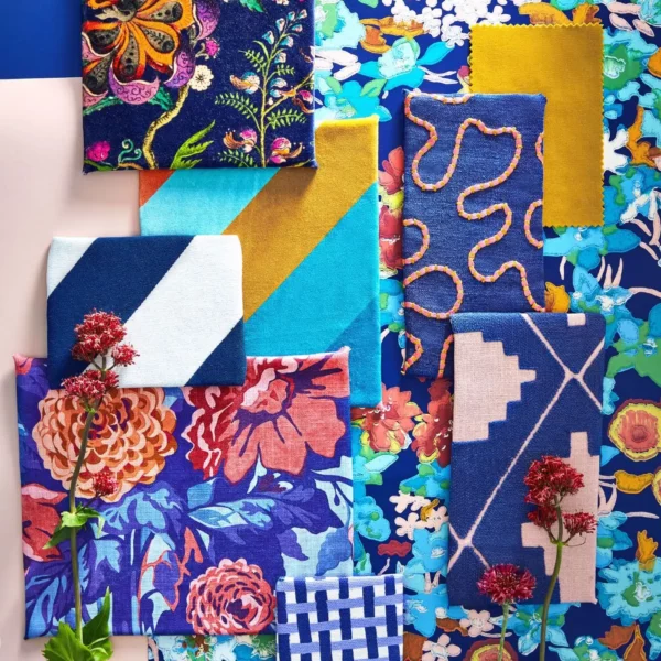 Dahlia Bunch Fabric - Lapis / Carnelian / Spinel by Dahlia Bunch Fabric - Lapis / Carnelian / Spinel from