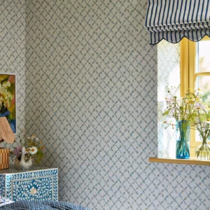 daisy chain trellis wallpaper with blue stripe blind