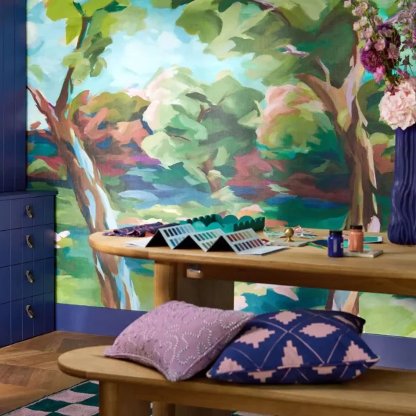 In The Woods Wallpaper - Sky / Emerald / Carnelian by In The Woods Wallpaper - Sky / Emerald / Carnelian from