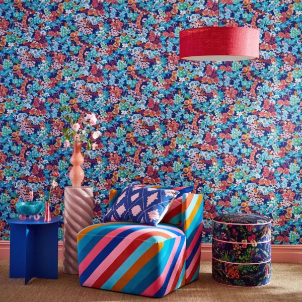 Wildflower Meadow Wallpaper - Emerald / Amethyst / Peridot by busy blue wallpaper with striped chair and mixed side tables