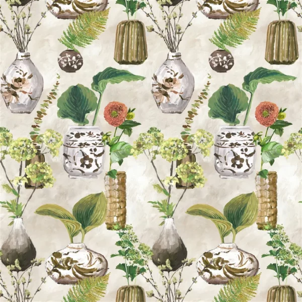 Kawana Fabric - Terracotta by green botanical linen fabric from Designers Guild