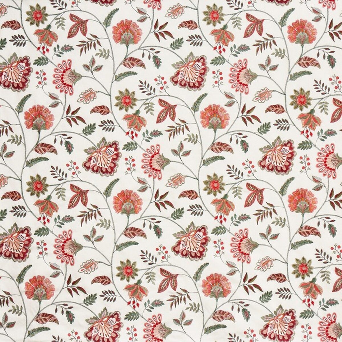 Louisa Fabric - Cherry by red botanical embroideried fabric from Prestigious Textiles