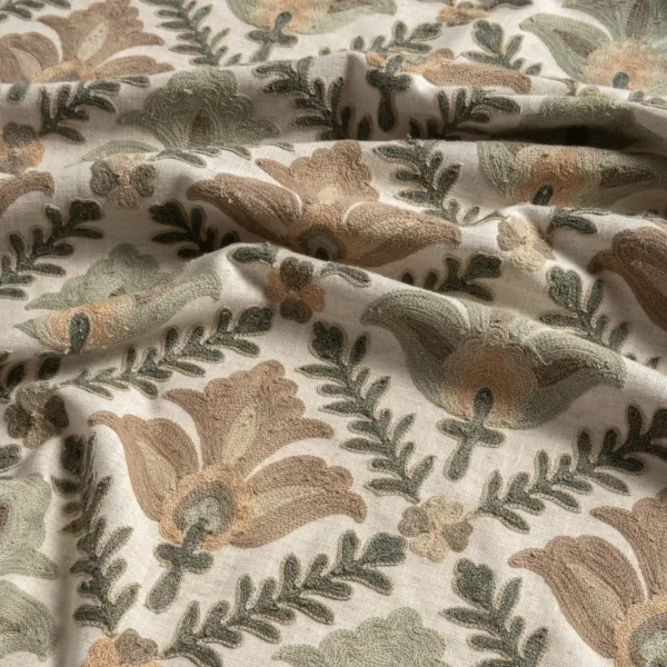 Rajouri Fabric - Sage by green botanical embroideried fabric from Warwick